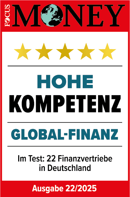 Dieses Bild ist ein Siegel von Focus Money, das verliehen wurde, da GLOBAL-FINANZ im Test von 22 Finanzvertrieben in Deutschland hohe Kompetenz bewiesen hat.