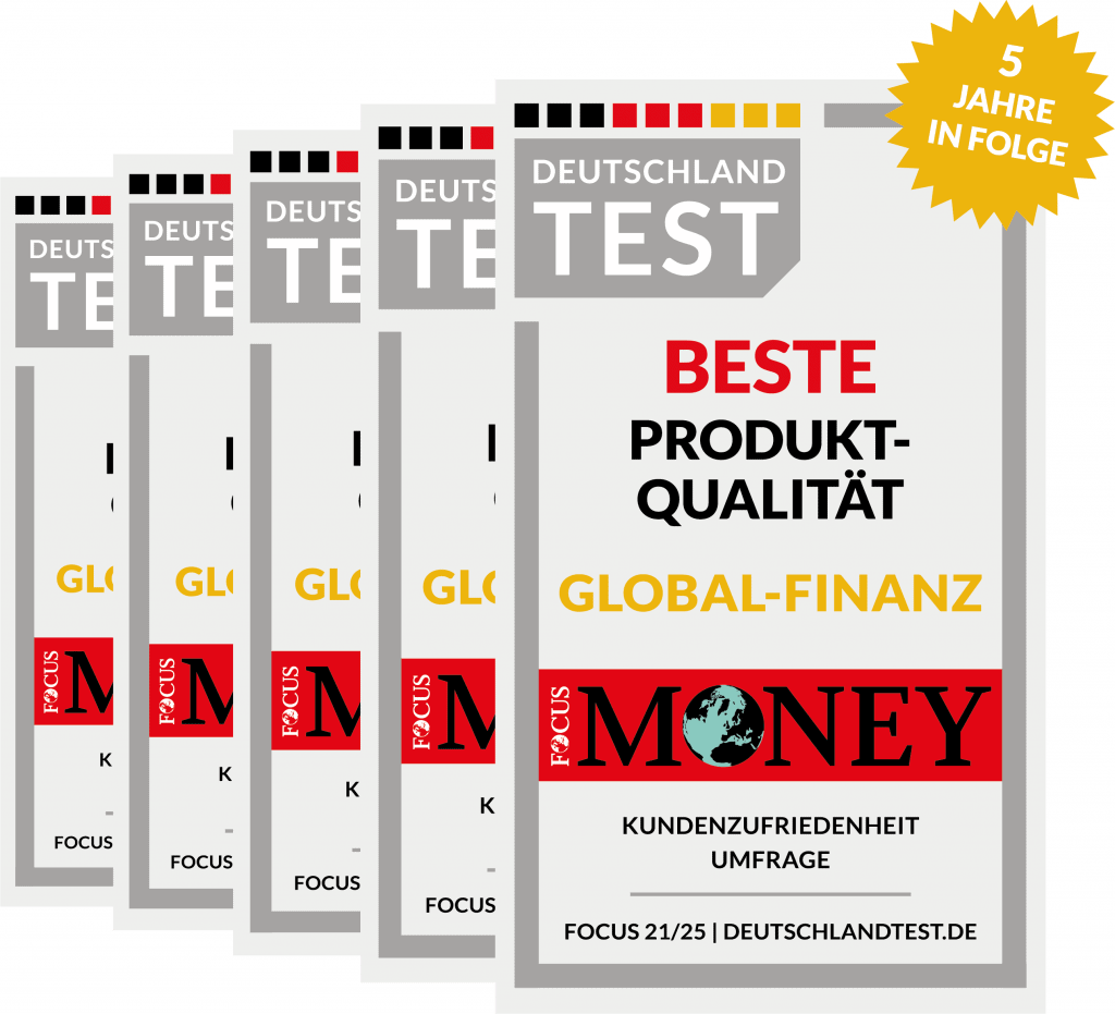 Dieses Bild zeigt mehrere identische Siegel von Focus Money, in denen GLOBAL-FINANZ für beste Produktqualität 5 Jahre in Folge ausgezeichnet wird.